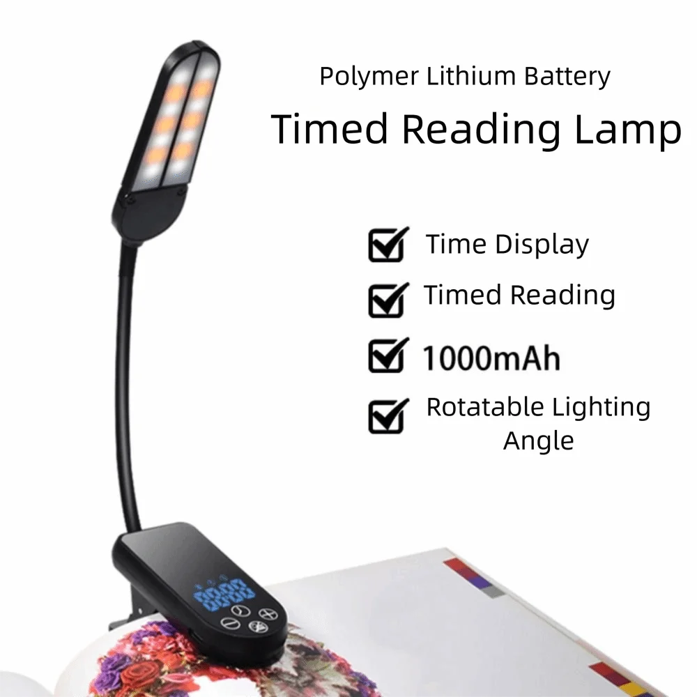 

Creative LED Light Book Light Portable Design Double Head Clip Light Timed Display USB Rechargeable Reading Light Clip On