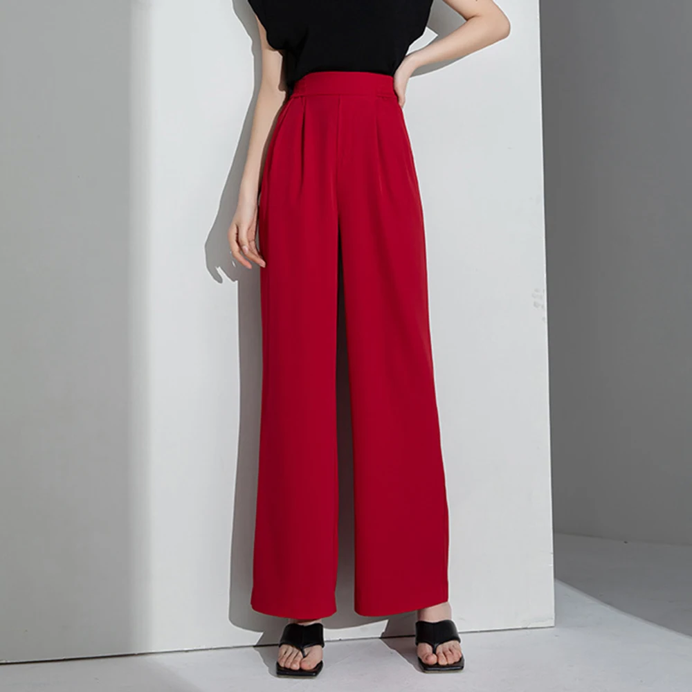 

2024 Summer New Red High Waist Wide Legged Women Fashion Semi Elastic Band Waist Loose Straight Pants S To 4XL Oversize Trousers