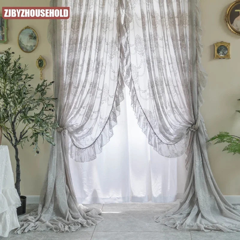 Vintage Lace Sheer Curtains for Living Room Bedroom Solid Gray Voile Girls Backdrop Tulle Window Treatment Decor French Romance