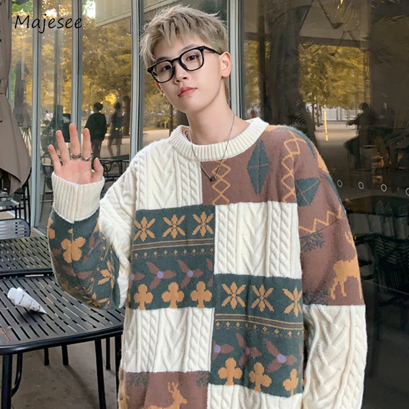 3 Colors Christmas Sweaters Men Loose Slouchy Panelled Knitwear Chic Winter Pullovers Ulzzang Teens Young Festival Mens Clothing