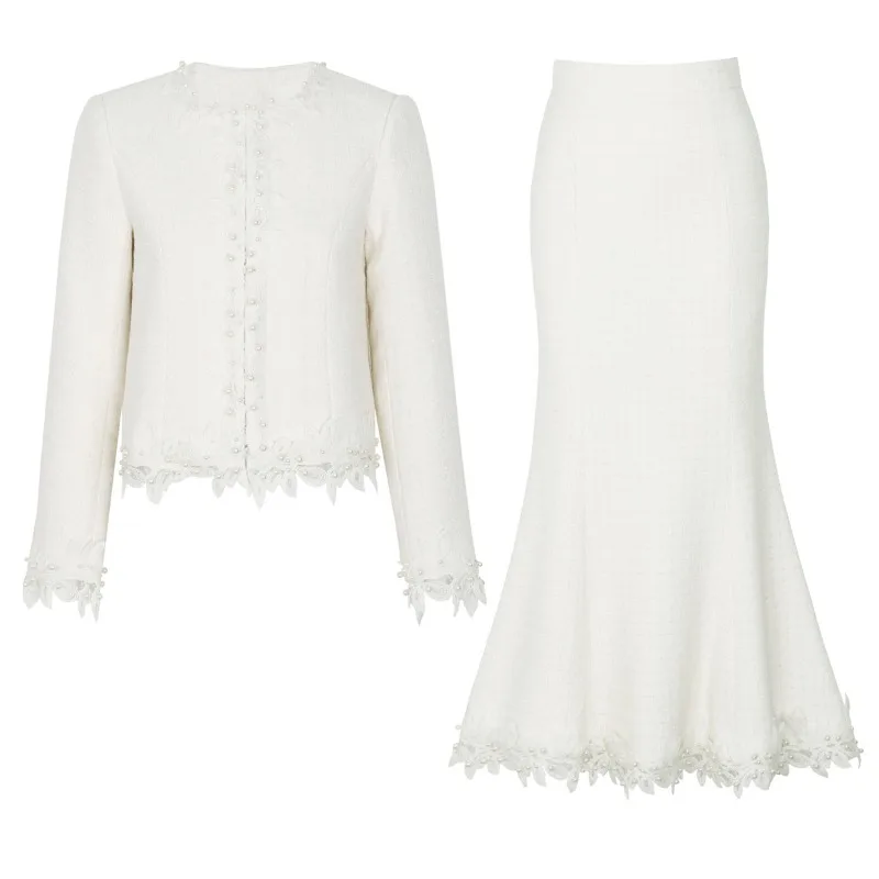 Spring and autumn lace nails pearl celebrity Internet celebrity versatile small fragrant top fishtail skirt set