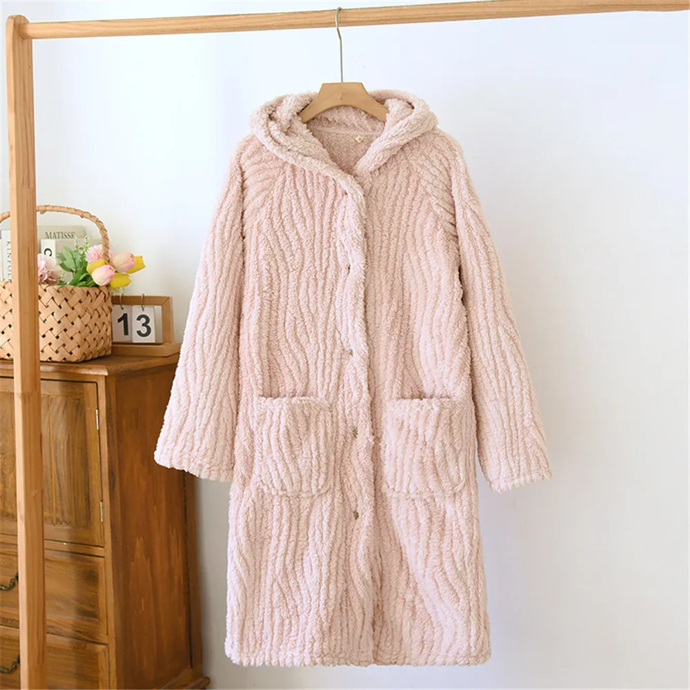 Autumn Winter Hooded Thick Bathrobe Women Coral Fleece Button Sleepwear Robe Female Dressing Gowns Loose Flannel Robes 4