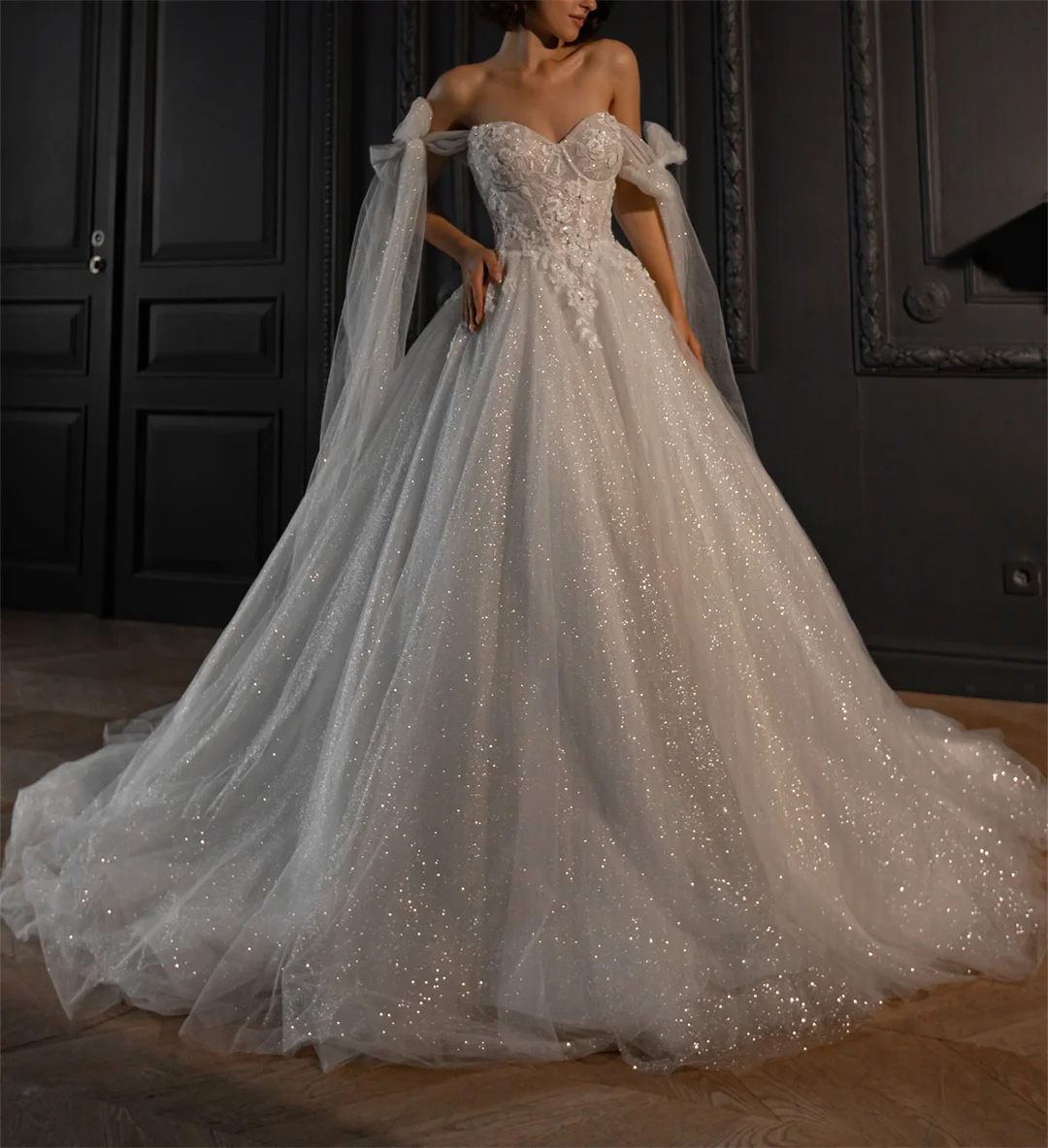 Glitter tule cintas de espaguete a linha vestidos de casamento com apliques lantejoulas laço vestido de festa de luxo brilhante vestido de festa de noiva