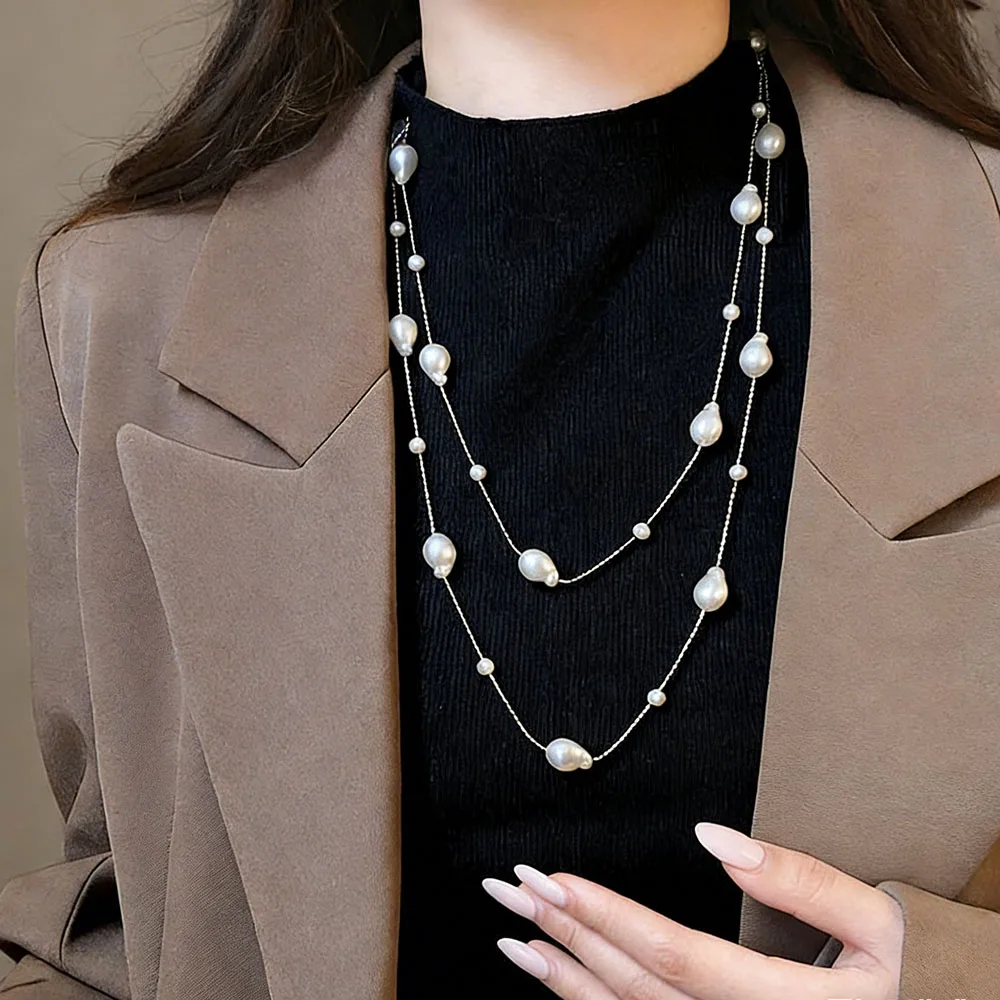 Multi-Layer Irregular Baroque Pearl Necklace Y2K Layered Sweater Chain Statement Jewelry for Women Adjustable Neckwear Accessory