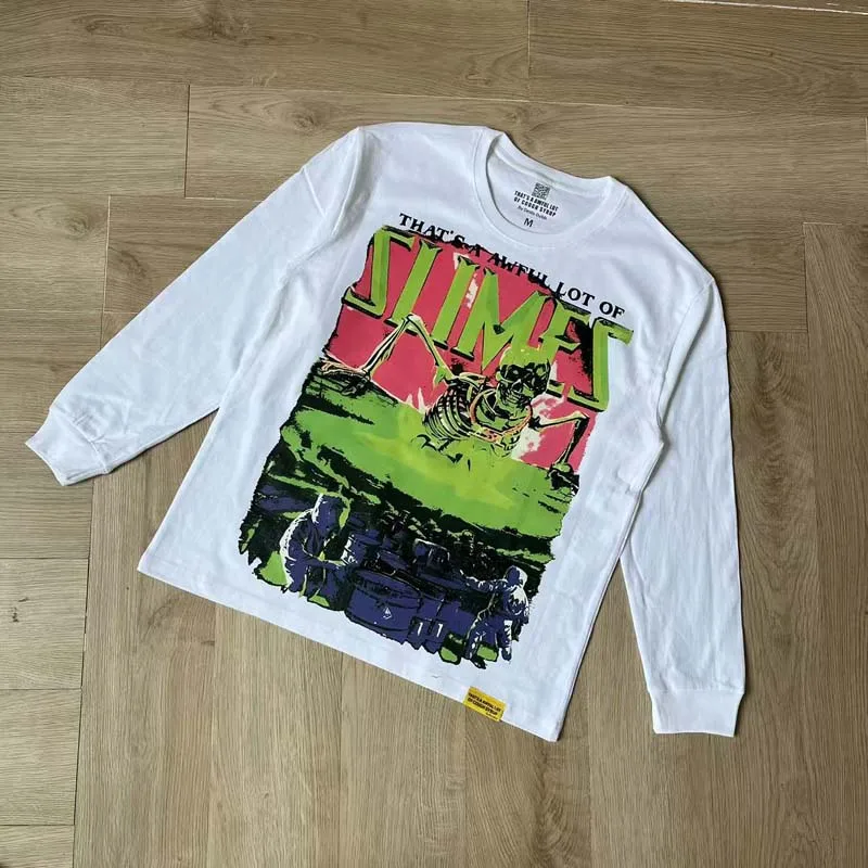 26SS New THAT'S A AWFUL LOT OF COUGH SYRUP Tops Street Trend Skull Print Men's Women's Loose White Long Sleeved T-shirts