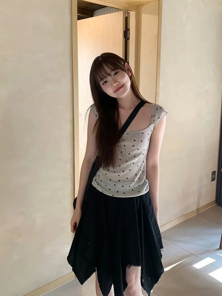 

Летний комплект 2026: топ с коротким рукавом в горошек и юбка-миди, женский модный хлопковый костюм из двух предметов с круглым принтом в горошек, повседневная одежда