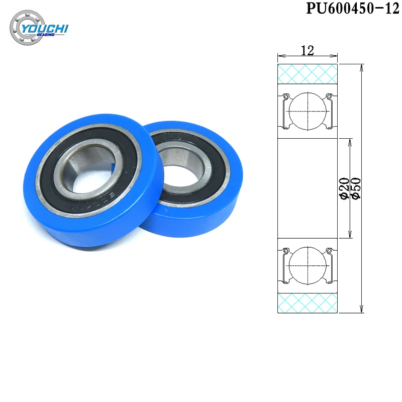 

2pcs 20x50x12 PU Coated Roller PU600450-12 50mm Diameter 20mm Bore Polyurethane Mute Guide Wheel 20*50*12 Plastic Bearing