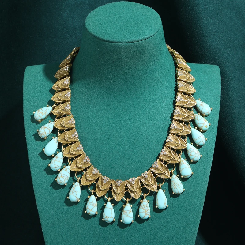 

Vintage Tassel Beads Necklace Natural Stone Turquoise Long Antique Gold Color Leaf Design Elegant Palace Style Banquet Jewelry
