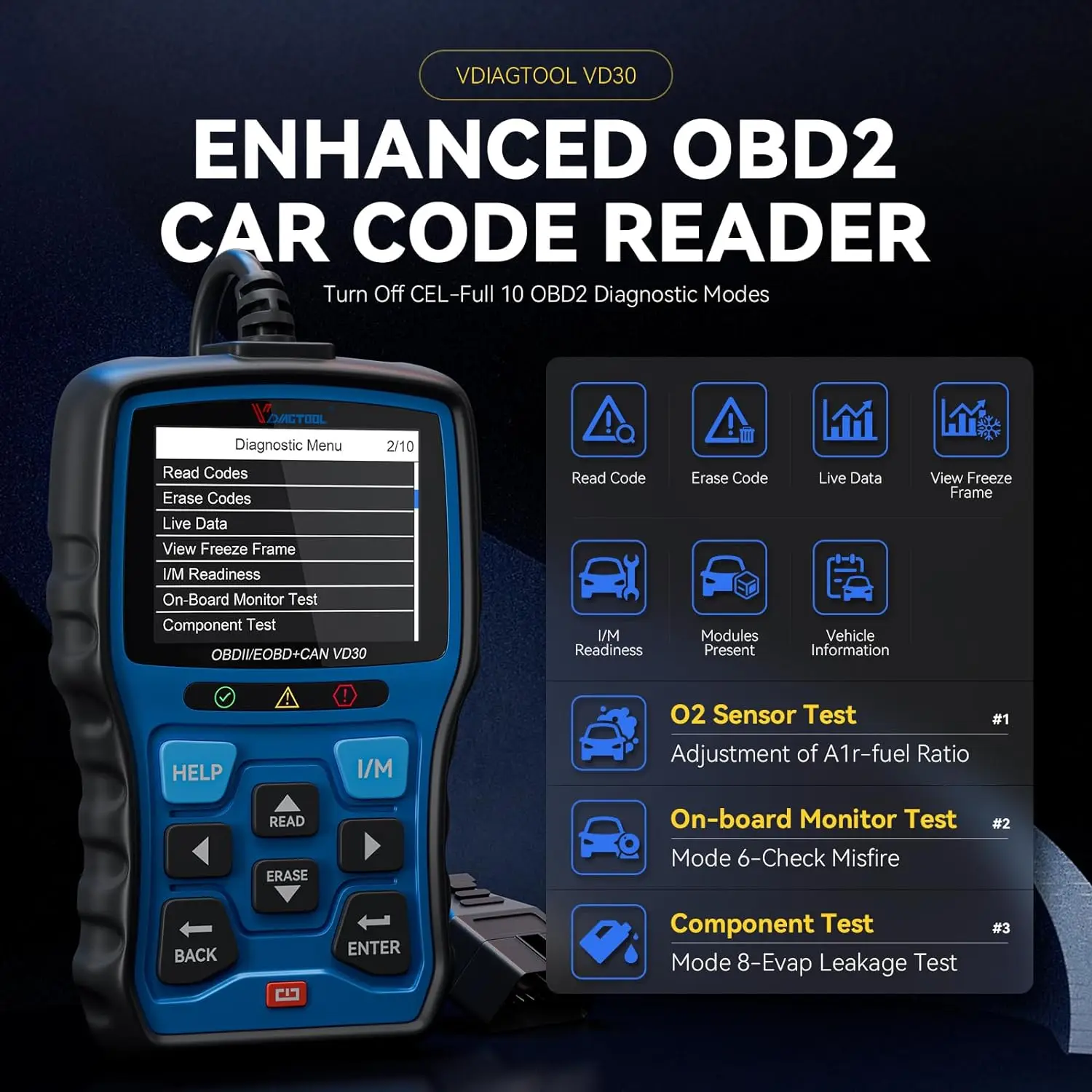 VDIAGTOOL VD30 OBD2 Scanner Car Code Reader Engine Diagnostics Tool DTC Lookup Turn Off CEL Voltage Test For All OBDII Vehicles