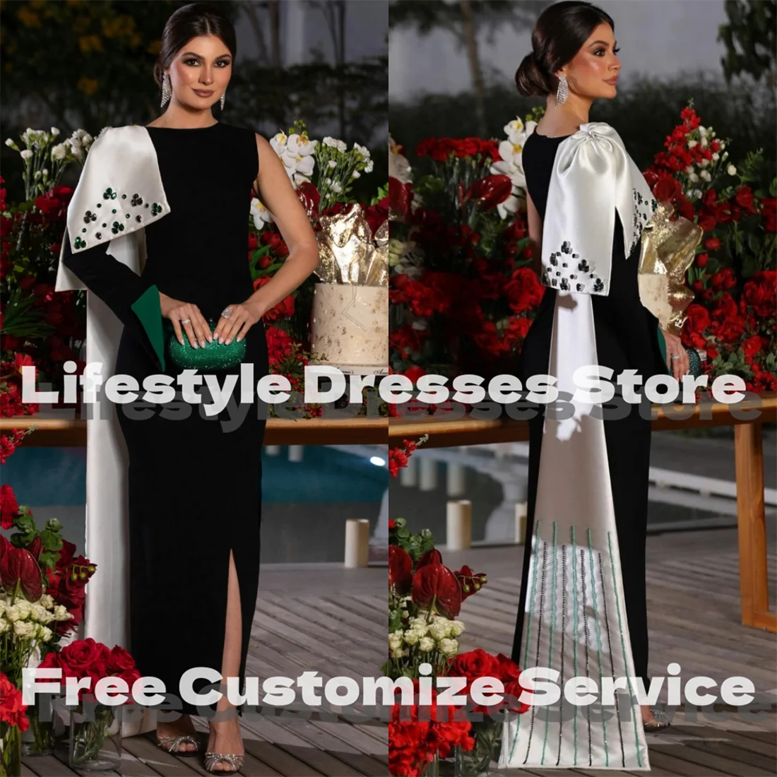 Vestidos de Noche de lujo con cuentas y capa larga con lazo personalizado, vestido de fiesta de boda de Arabia Saudita, vestido de graduación de manga larga 2024