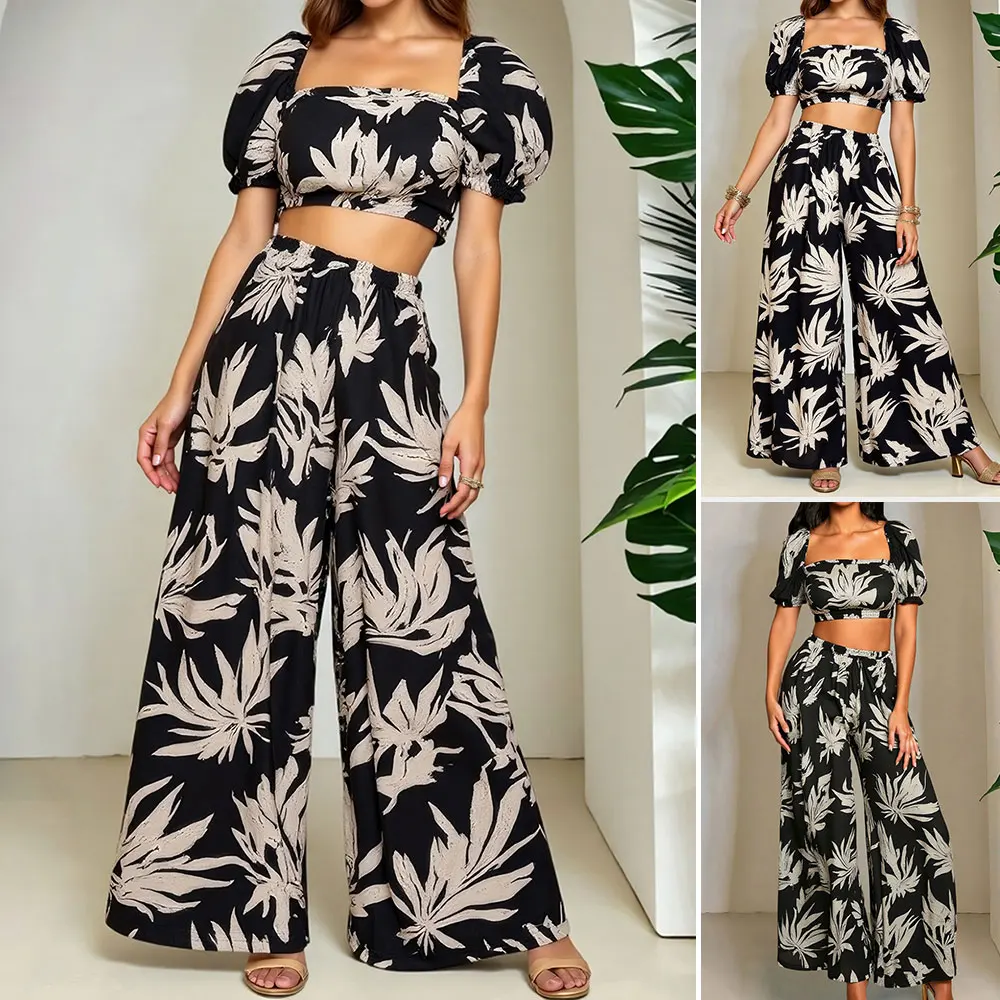 

Mia Muse Boutique, укороченные комплекты до щиколотки с квадратным вырезом и высокой талией для женщин, летние облегающие тонкие повседневные комплекты с пышными рукавами и графическим принтом