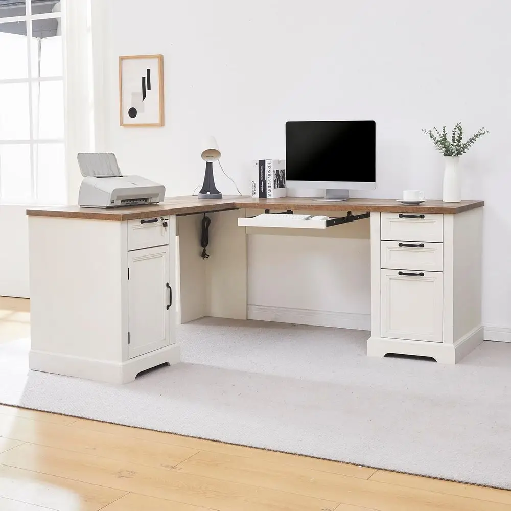 

Rustic 69 L-Shaped Office Desk with Keyboard Tray, Lockable Drawers, Adjustable File Cabinet, and Built-in Charging Station