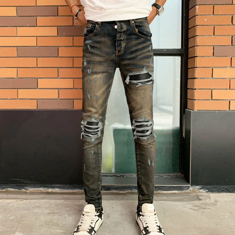 Fashionable men's jeans with ripped patches, washed nostalgic stretch, slim fit, deep blue jeans, high street hip-hop brand pant