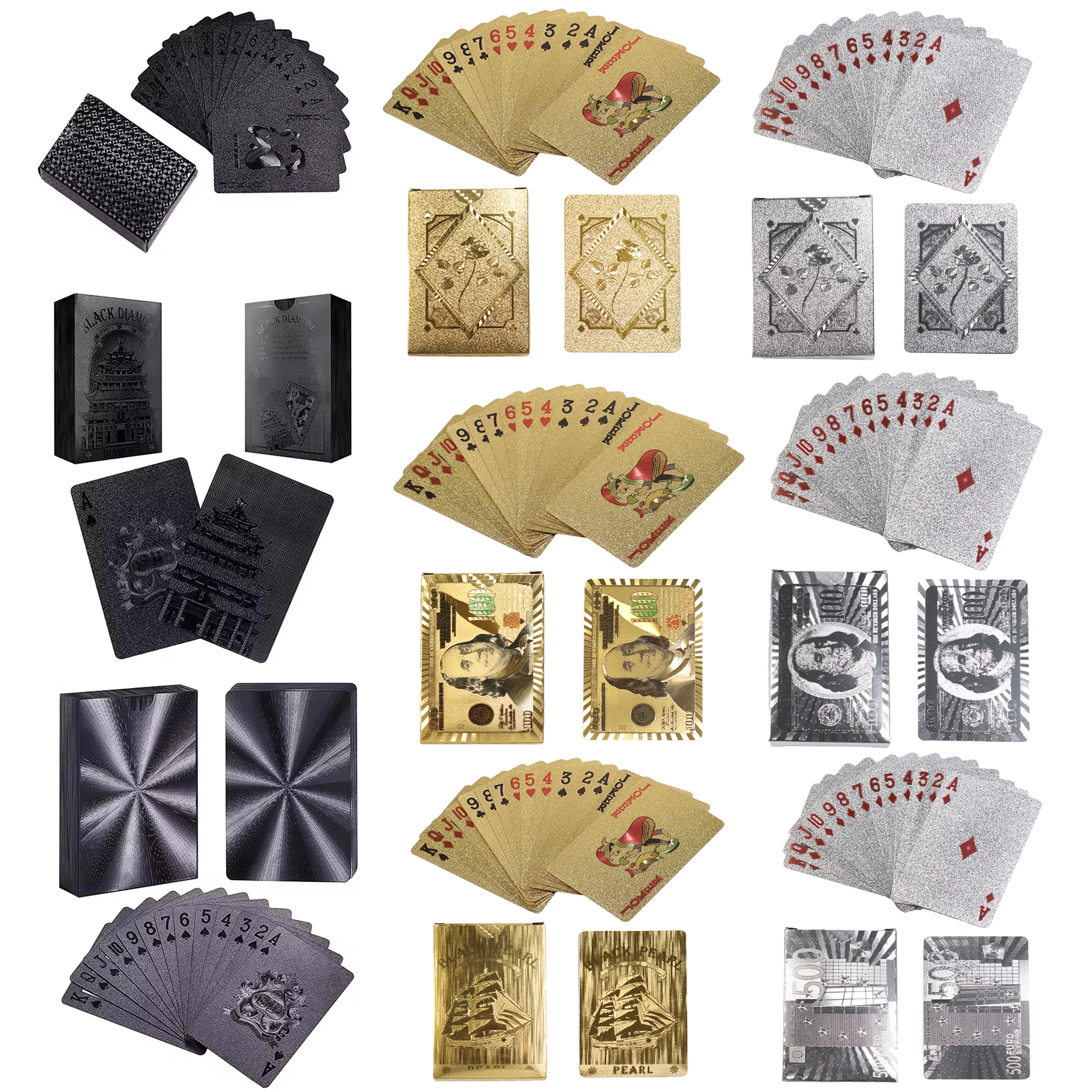أوراق لعب بلاستيكية مقاومة للماء باللون الذهبي والأسود والفضي عيار 24 قيراط، مجموعة إبداعية رائعة وقيمة، ألعاب لوحية هدية لعبة البوكر الماسية الداكنة