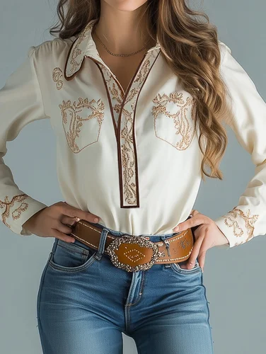 Imagen 2 del producto Tops elegantes para mujer, blusa de manga larga Floral con media tapeta y cuello vuelto occidental, blusa de oficina a la moda para mujer, Blusas para mujer