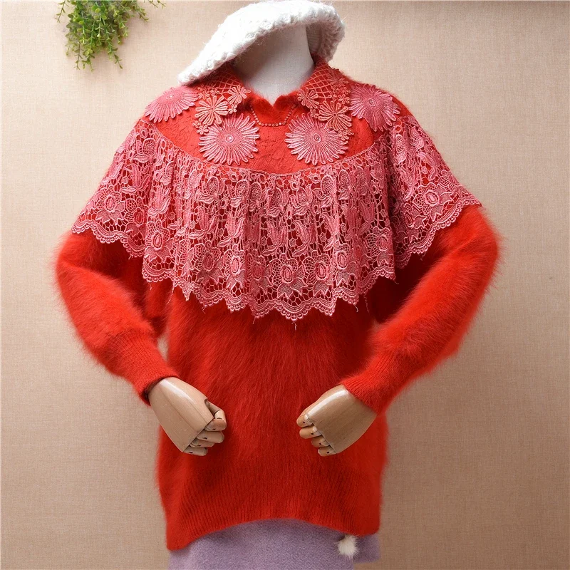 Chinese Style Female Women Vintage Lace Hairy Angora Rabbit Hair turn-Down Neck Loose Angora Fur Pullover Jumper Sweater Pull