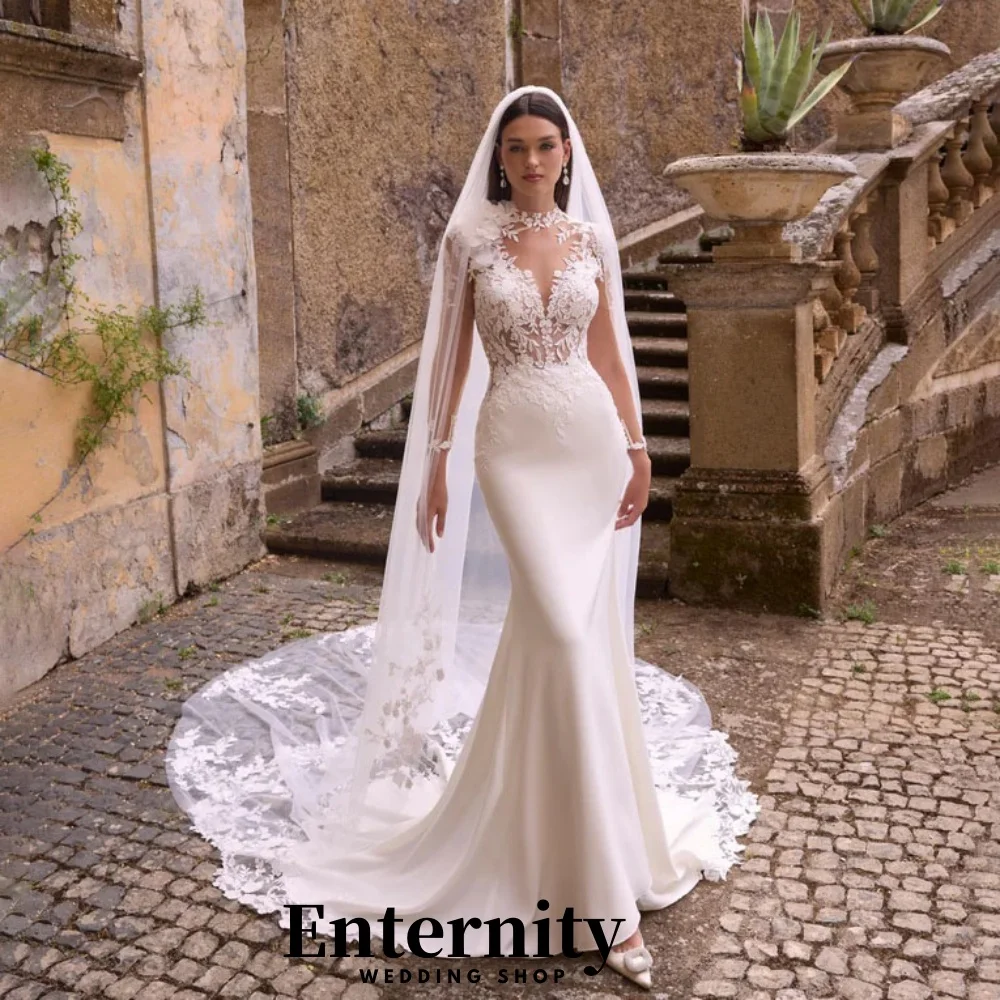 

Customized Button Wedding Dresses Elegant High Neck Long Sleeve For Women Charming Lace Applique Bridal Gowns Vestidos De Novia