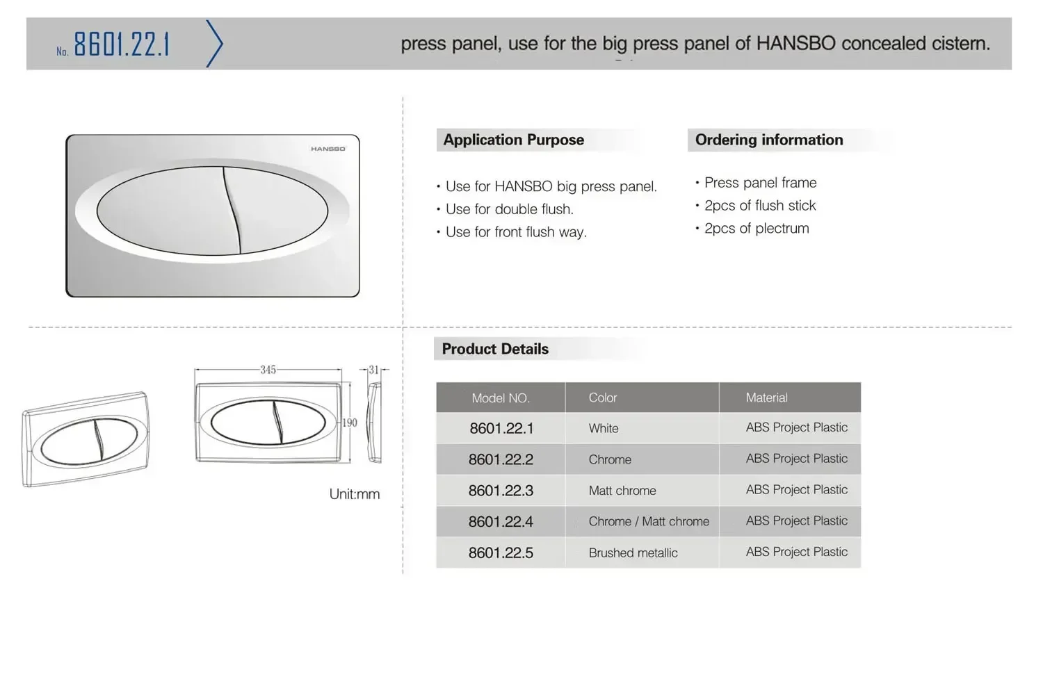 ABS Project Plastic Push Button Dual Flush Control Plate For Vessel Toilet