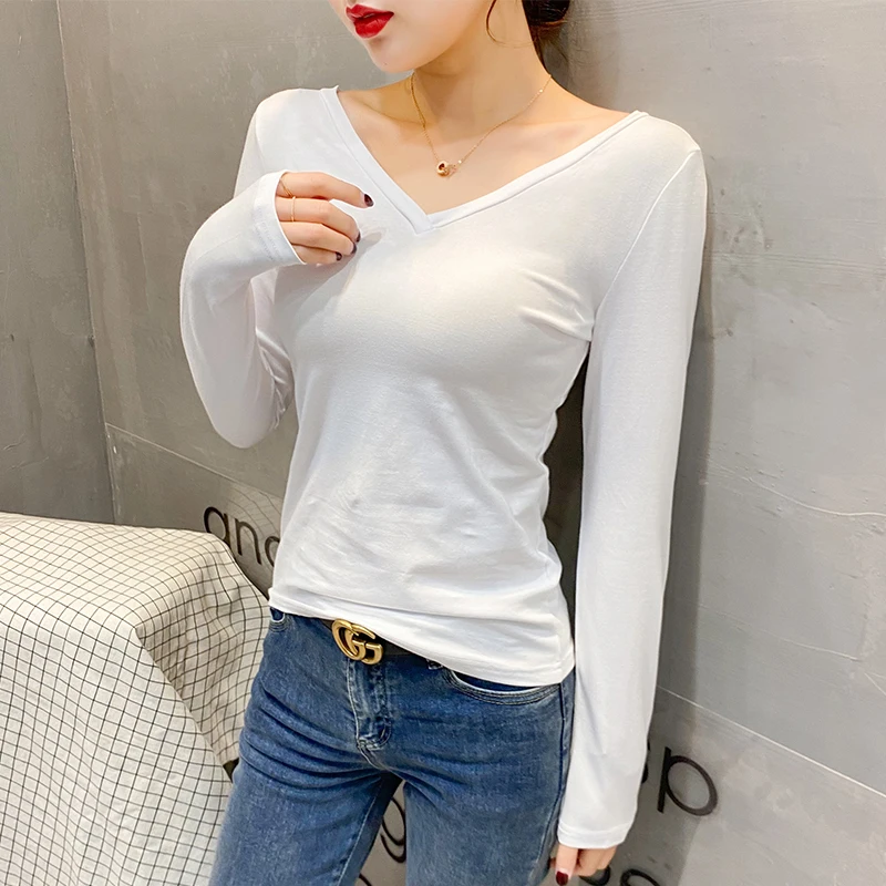 

Cotton V-neck Bottom Shirt Women Inside Long Sleeve t-shirt Top Simple Slim Soft Blouse