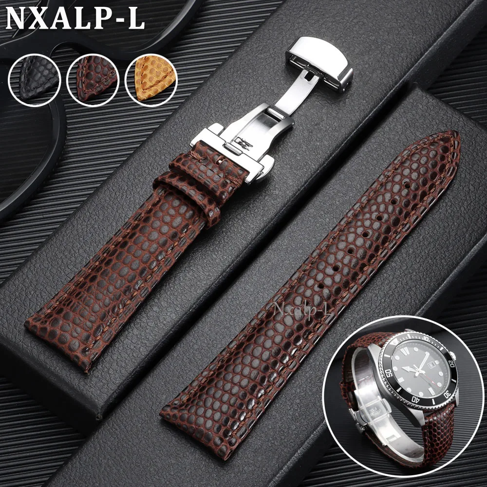 Butterfly Buckle Cowhide Watch Band 16mm 18mm 20mm 22mm Lizard Grain Genuine Leather Bracelet Universal Men Women Wristband