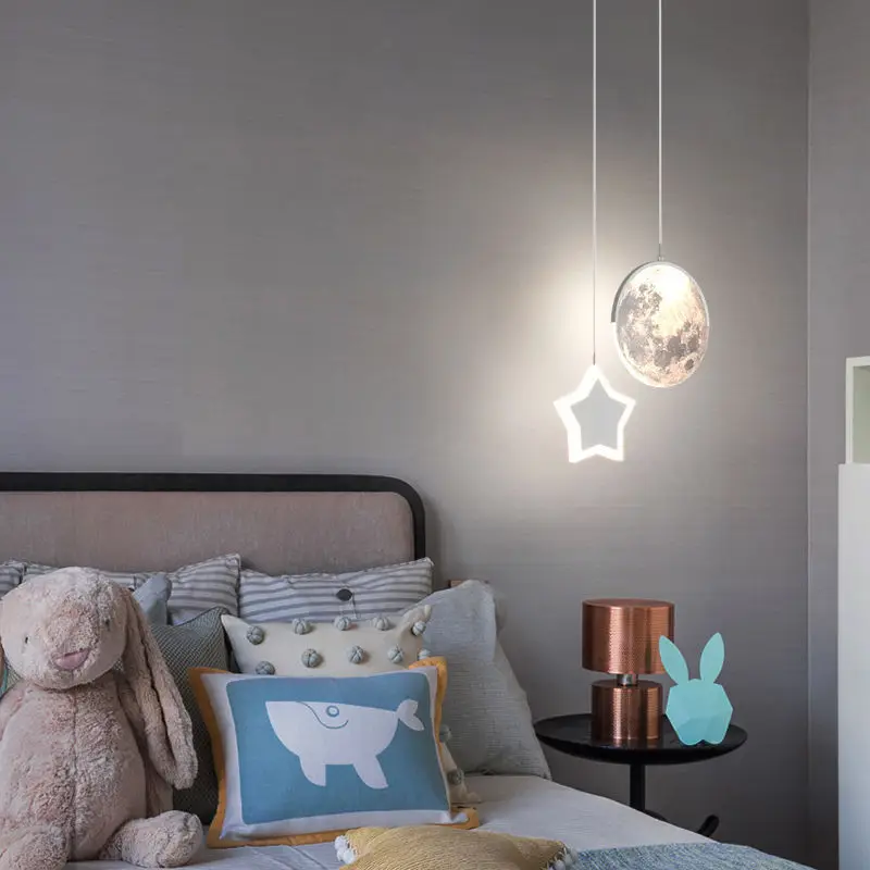 Creative Kids Pendant Lamp for Bedroom Bedside Decor Star Cloud Moon Shape Remote Control Dimming Children Baby Hanging Lights