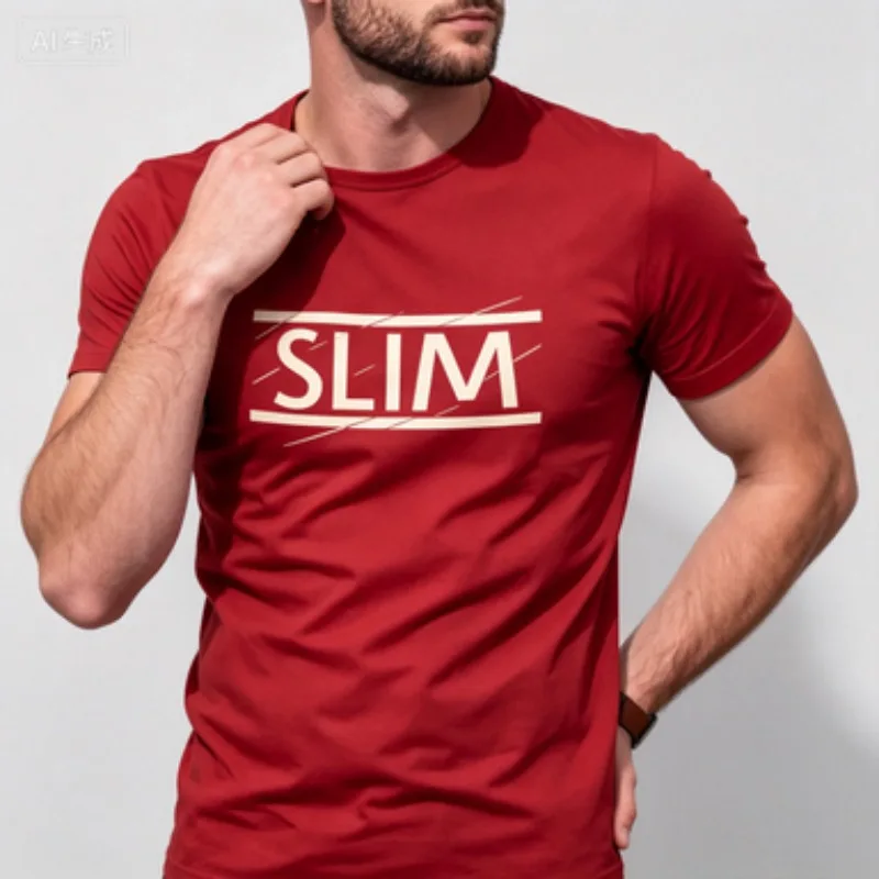 Men Cotton Crew Neck T‑Shirt Slim Letter Print T‑Shirt Simple Red Line Graphic Tees Casual Streetwear Short Sleeve Tops