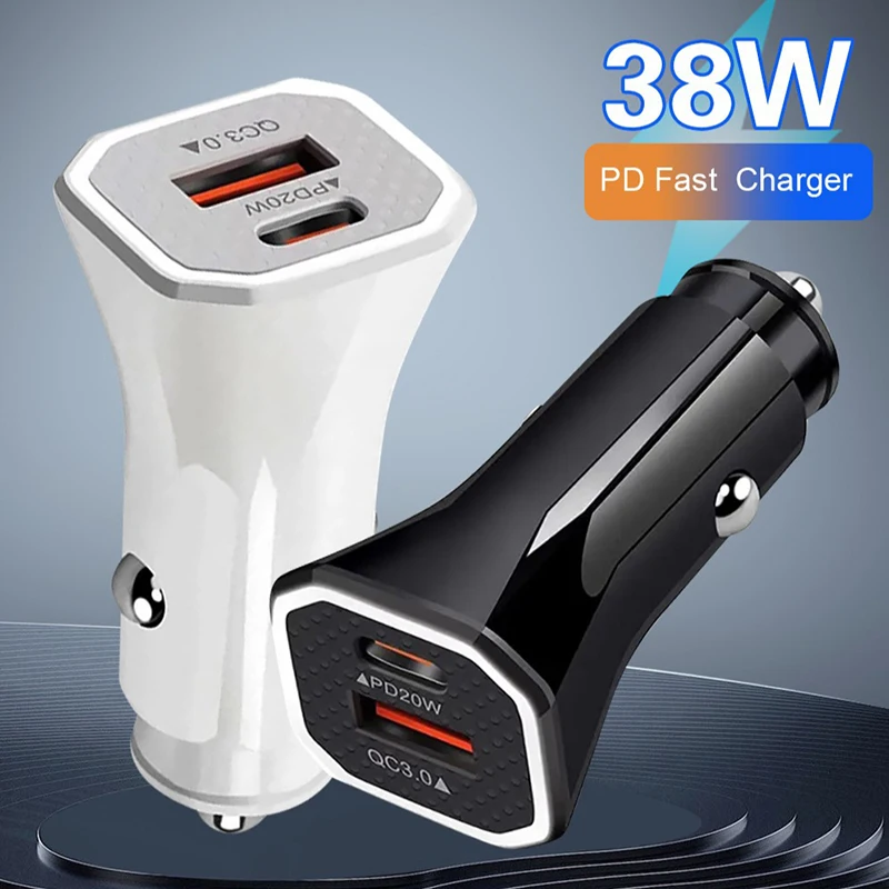 Universal 38W Auto Car Charger Dual Port PD 20W QC 3.0 Fast Charge Cigarette Lighter Adapter Built In Smart Chip For Tablets