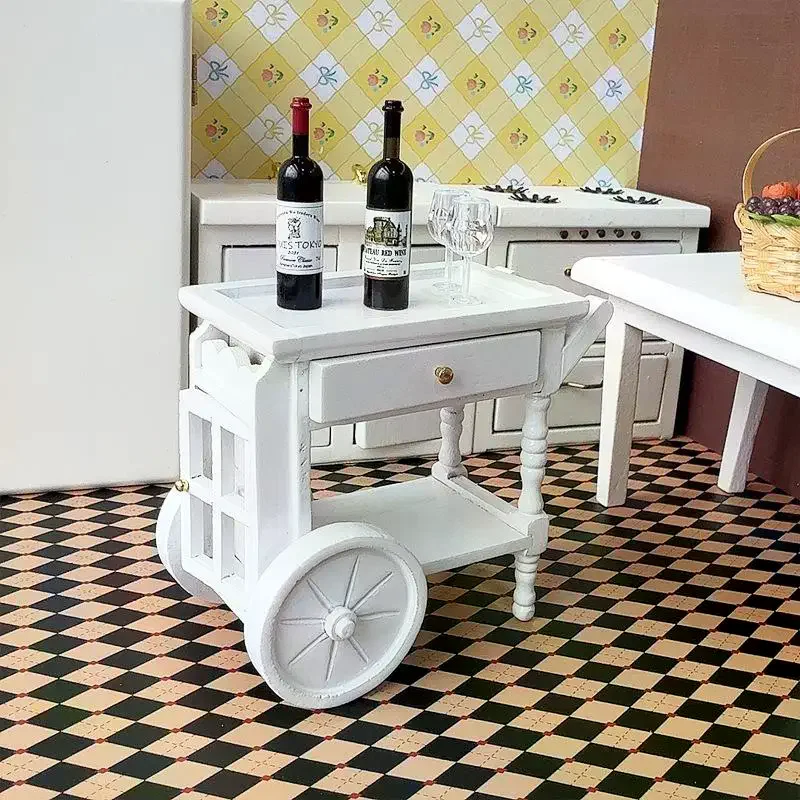 1Pcs 1: 12 Dollhouse White Wooden Meal Driver Cart Model Funiture Accessories For Doll House Decor Kids Pretend Play Toys Gift