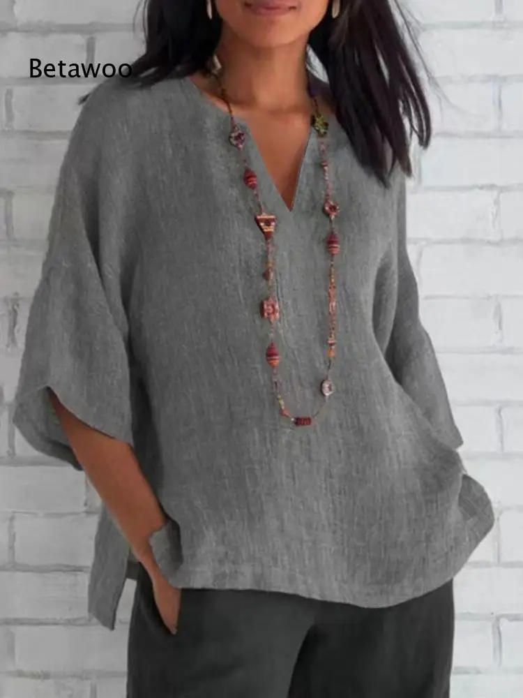 Notch V Neck Three Quarter Batwing Sleeve Linen Top Ladies Grey Textured Fabric Pocket Side Slit Relaxed Daily Blouse