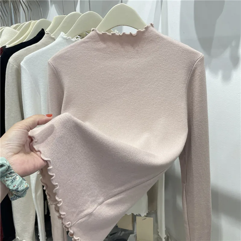 Women Plus Size Autumn Winter Dralon Mock Neck Top Ruffle Slim Hide Belly Long Sleeve Casual Inner Blouse