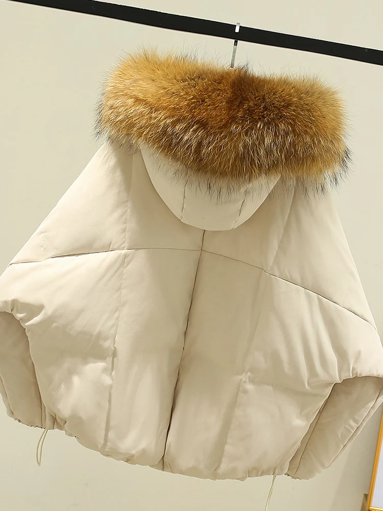 Fitaylor Autumn Winter Women Hooded Real Raccoon Fur Short Down Coat Streetwear Female Loose Warm White Duck Down Jacket Tops