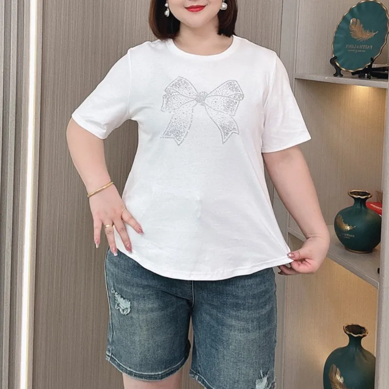 Plus Size Tees Women Summer Short Sleeve T-shirt Women New Loose Thin Casual Temperament Hot Drilling Bow Tops