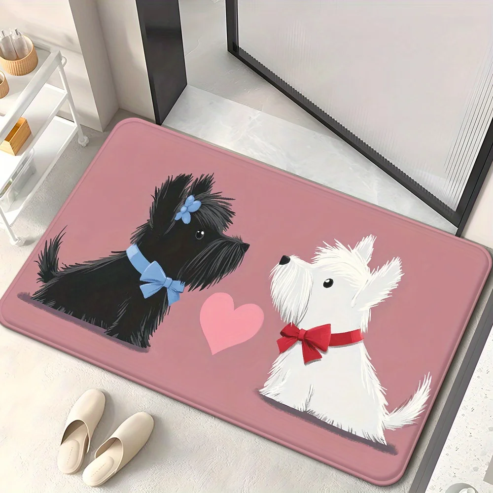 Alfombra de entrada con diseño de perro - Alfombra de dibujos animados con diseño de pareja de Scotties Terrier, alfombra de entrada rosa con diseño de amor, antideslizante, varios tamaños