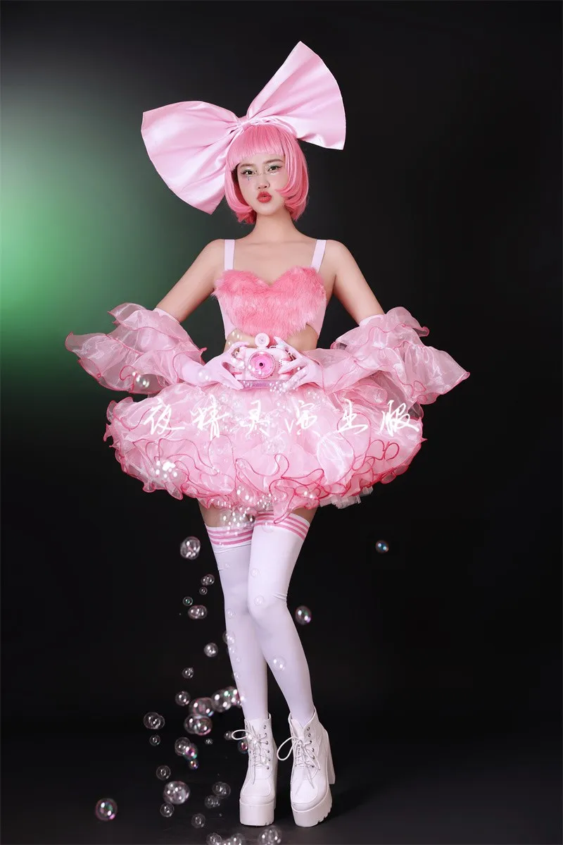 Nightclub Bar Female Gogo Dance Team Lovely Performance Costume Carnival Party Festival Clothes Sexy Pink Sweet Fluffy Skirt Set