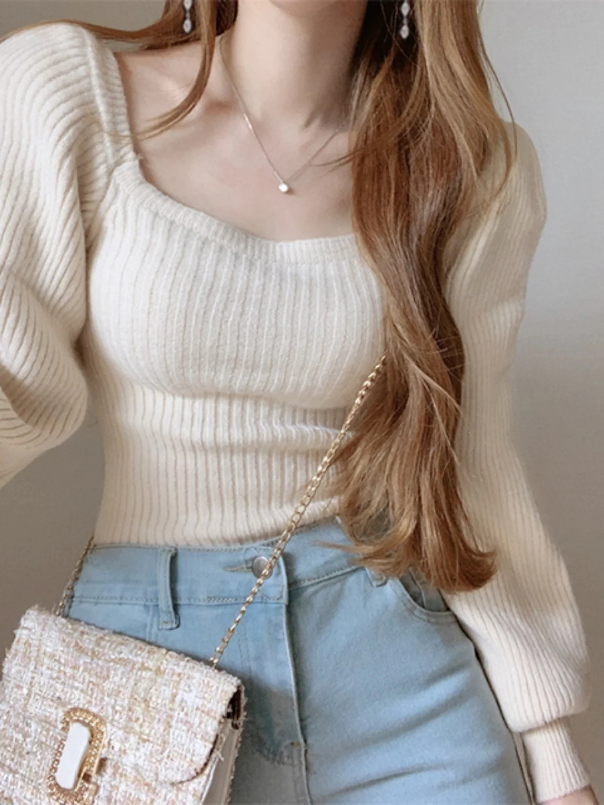 

Шикарный вязаный топ в стиле ретро, женский длинный свитер Sve Bubble Sve с квадратным воротником, ленивый слэ, модный, осенне-зимний, Cl...