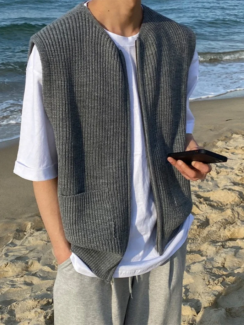 سترة رجالية محبوكة فضفاضة على الطراز الياباني، كارديجان أنيق بسحاب وفتحة على الكتف، إصدار قياسي للمراهقين