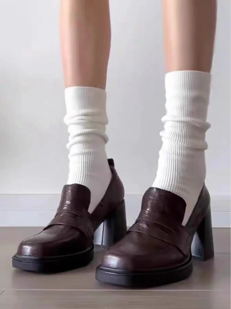 Women's Vintage Mary Jane High Heels Chunky Loafers Thick Sole Square Toe Oxfords Preppy Style Party Shoes 2026 New Year