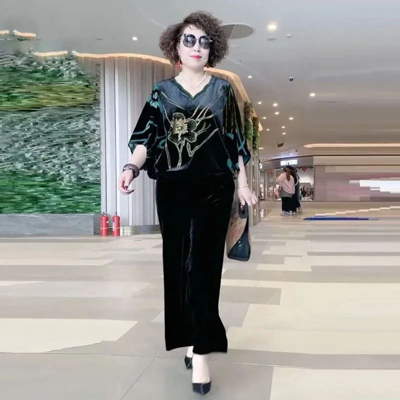 

Fashion 2 Piece Sets Womens Outfits 2022 Summer V Neck Bat Sleeve Printed Tops Wide Leg Pants Loose Casual Suit Ensemble Femme