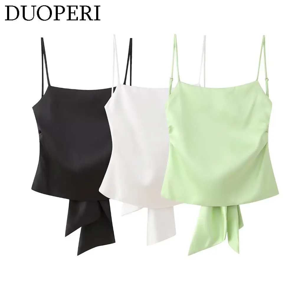 DUOPERI Women Fashion Solid Satin Backless Bowknot Lace Up Camisole Thin Straps Square Collar Female Chic Lady Casual Tops Tank