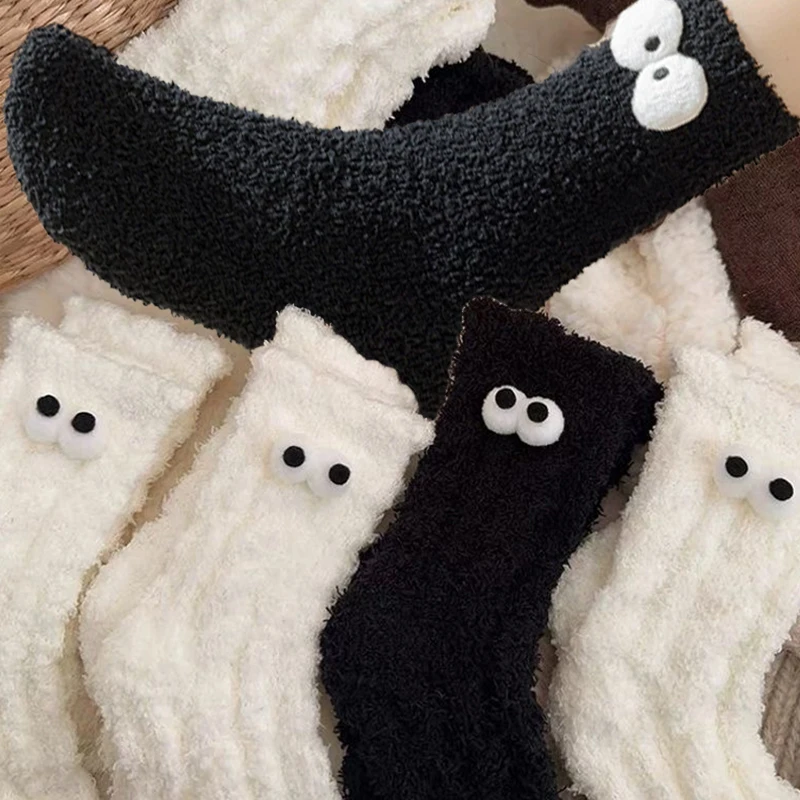 

Women Thickened Fluffy Winter Sleep Socks Coral Fleece Plush Soft Warm Home Floor Socks Middle Tube Cute Eye Cozy Thermal Socks