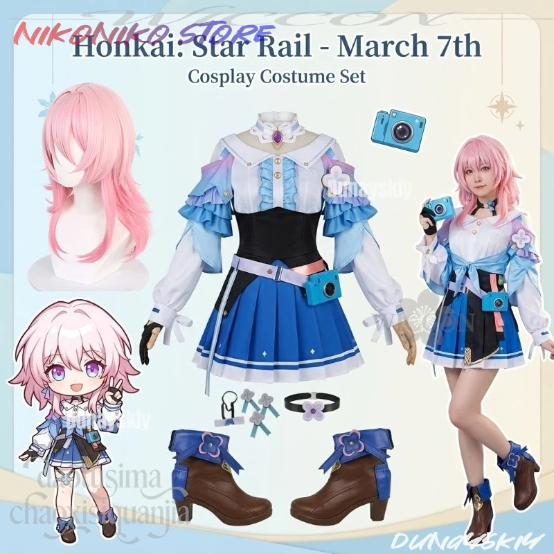 

Anime Game Honkai：Star Rail Cosplay March 7th Costume White Blue Dress Fashion Wear Pink Gradient Wigs Shoes Cos Set Halloween