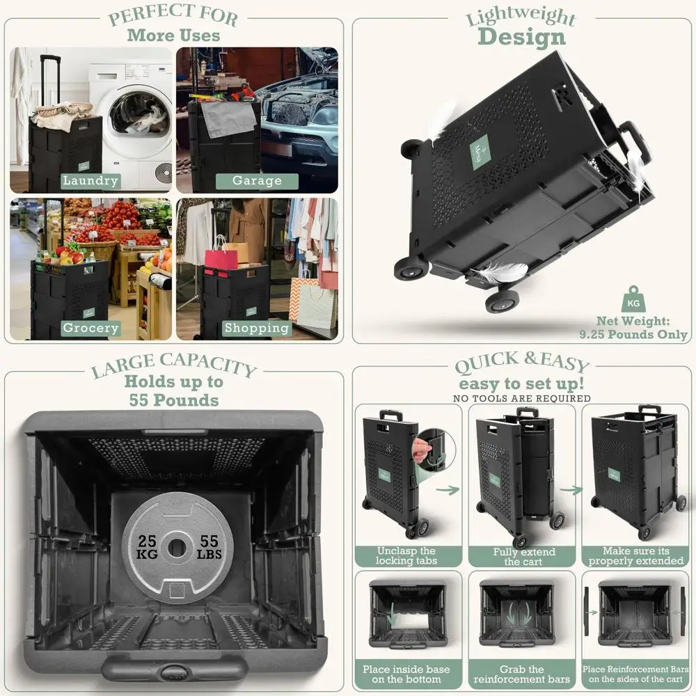 

Ultra-Slim Folding 4-Wheel Utility Cart, 55 lbs Capacity, Suitable for Home, Garden, Shopping, and More, Compact Design, Black