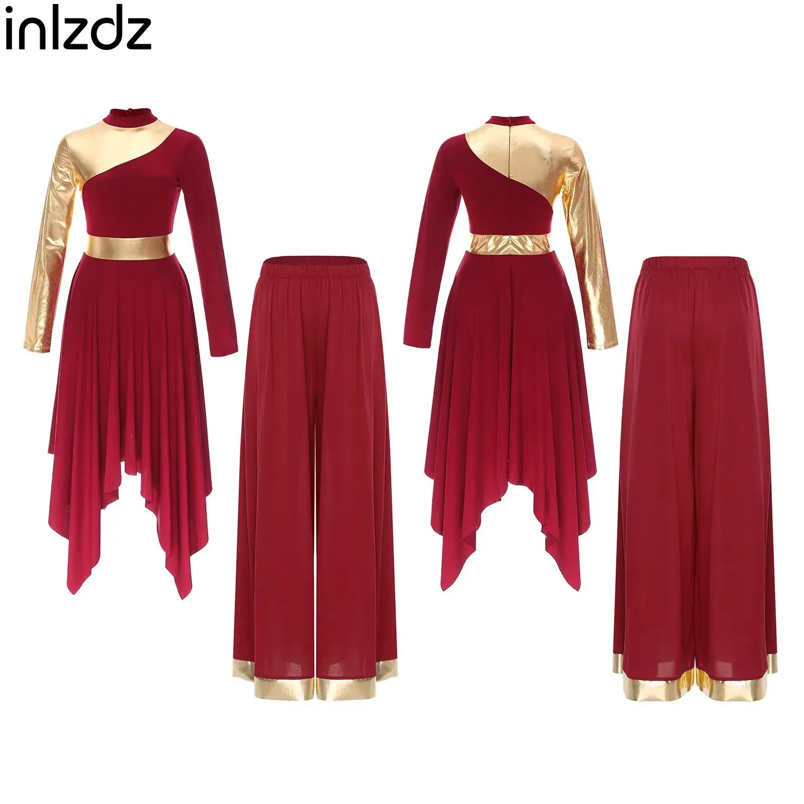 

Women Worship Praise Lyrical Dance Costume Long Sleeve Asymmetrical Hem Dress+Wide Leg Pants Contrast Color Dancewear Set Outfit