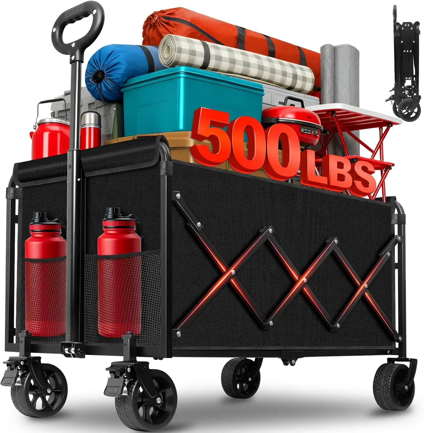 

Collapsible Wagons Carts Foldable, 500LBS Heavy Duty Wagon Cart Foldable with Brakes & All-Terrain Wheels\u2013 34'' Extra Long