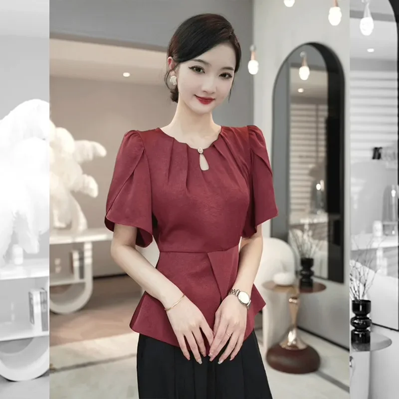 Dames bordeauxrode satijnen getailleerde blouse met korte mouwen Bubble mouw taille afslankende luxe elegante feestkantoor formele top