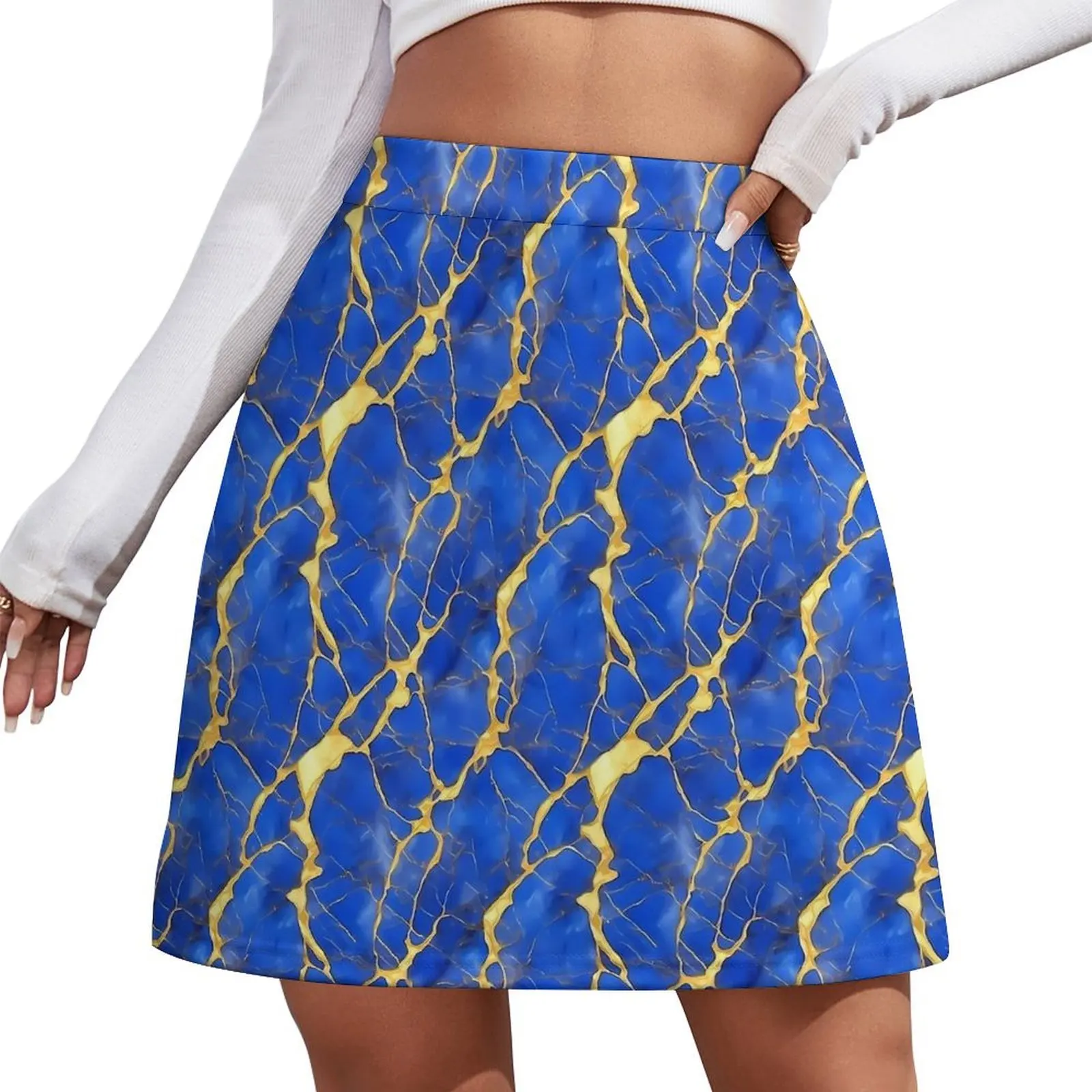 

Blue And Gold Marble Skirt Woman Retro Mini Skirts Summer Street Style High-waisted Custom Big Size Casual A-line Skirt