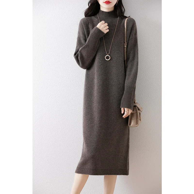 Hot Sale 100% Wool Knitting Loose Women Dresses  2024 Winter New Fashion Warm&Best Quality Dress Female Cashmere Clothing