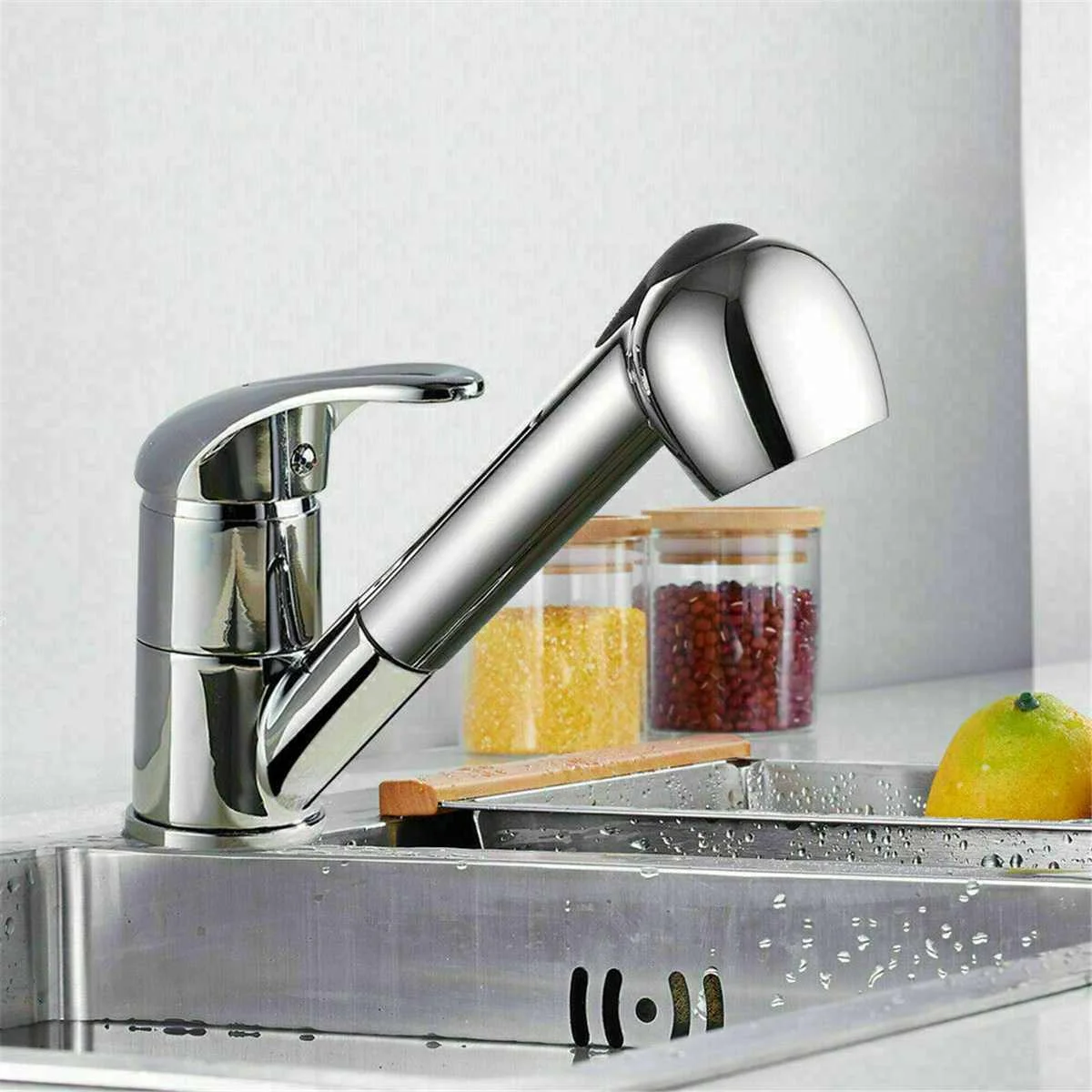 Solid Brass Kitchen Faucet, Single Hole, Pull Out Spout, Sink Mixer Tap, Stream Sprayer Head, Silver, Hot and Cold Tap Mixer