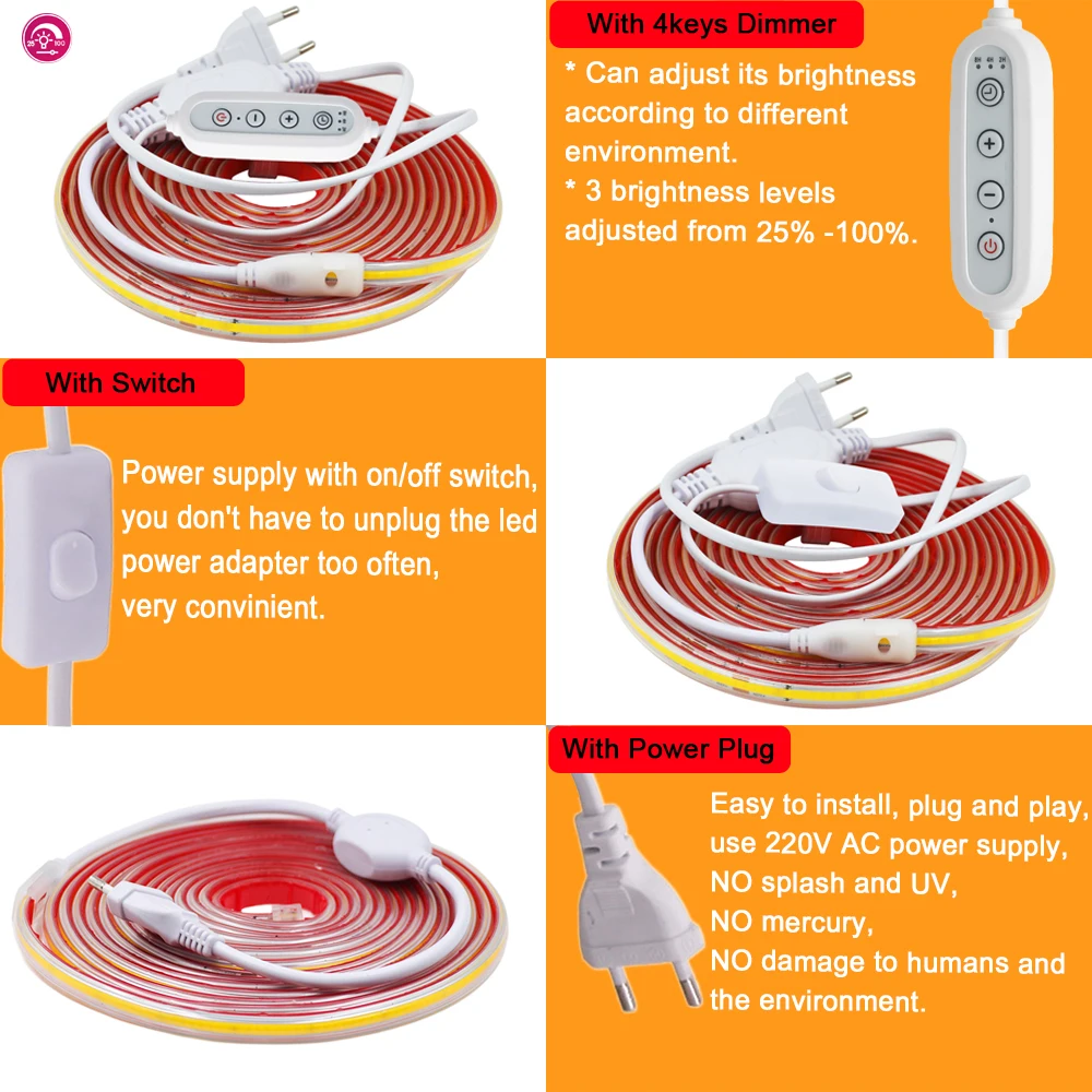 Dimmable COB LED Strip Light Adhesive Tape 220V Dimmer Switch EU Power Plug Kit 288 Led Linear Lighting Flexible Clear Tube Lamp