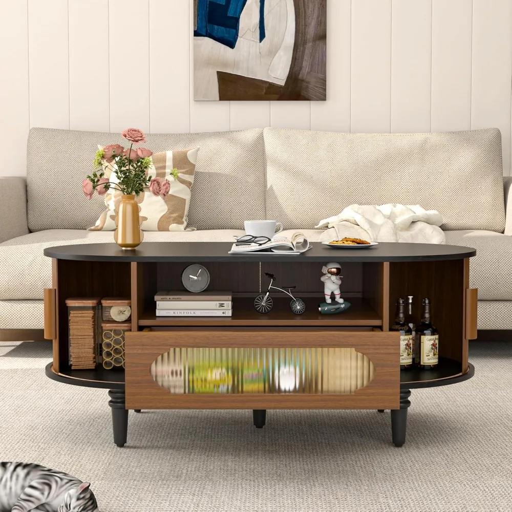Fluted Round Coffee Table with Storage, Mid Century Modern Oval Coffee Table with Drawer, Sliding Door, Low Small Center Tables